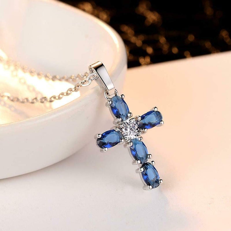 CiNily Created Sapphire and Crystal Cross Pendant Necklace Silver Plated Cross Crucifix Pendant Necklace Jewelry for Women - Image 2